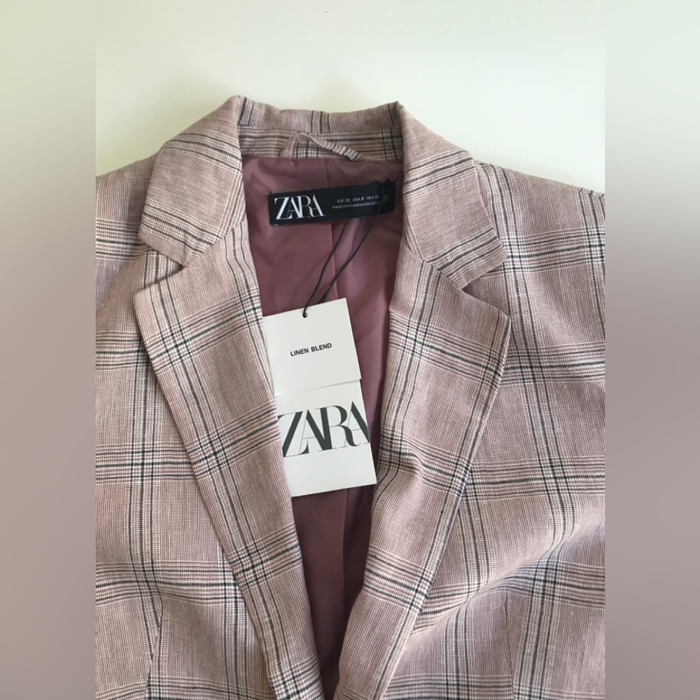 NWT! Zara Tailored Linen Blend Plaid Blazer In Dusty Pink Size: US 6 EUR 38 - Picture 6 of 15